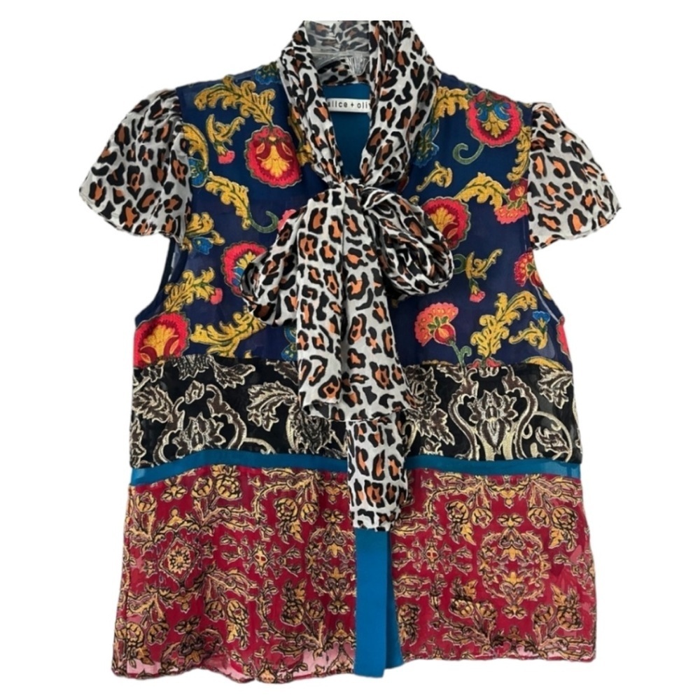 Alice + Olivia Eriko Patchwork Flounce-Hem Skirt & Jeannie Tie Neck Blouse Set - Picture 6 of 16